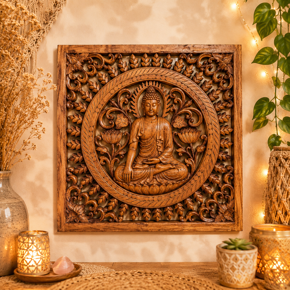 Panneau décoratif carré en bois sculpté balinais - Bouddha (40 x 40 cm)