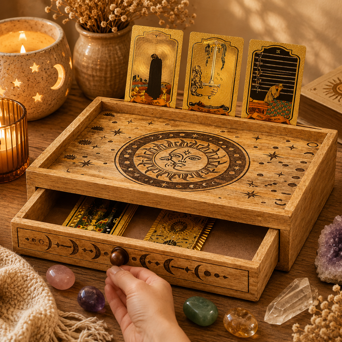 Boîte de tarot sculptée en bois de manguier Soleil & Lune avec tiroir