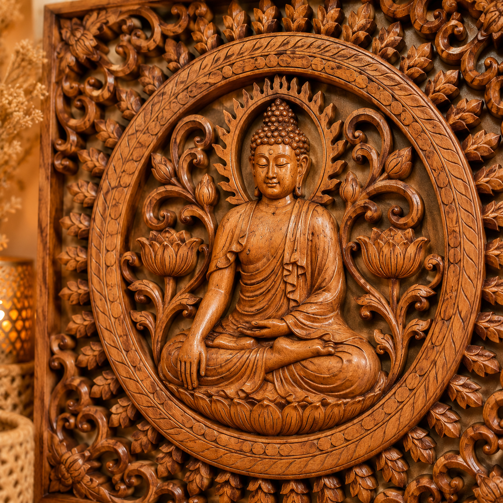 Panneau décoratif carré en bois sculpté balinais - Bouddha (40 x 40 cm)