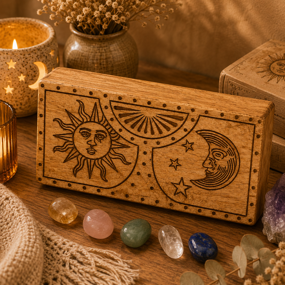 Boîte sculptée Soleil & Lune en bois de manguier