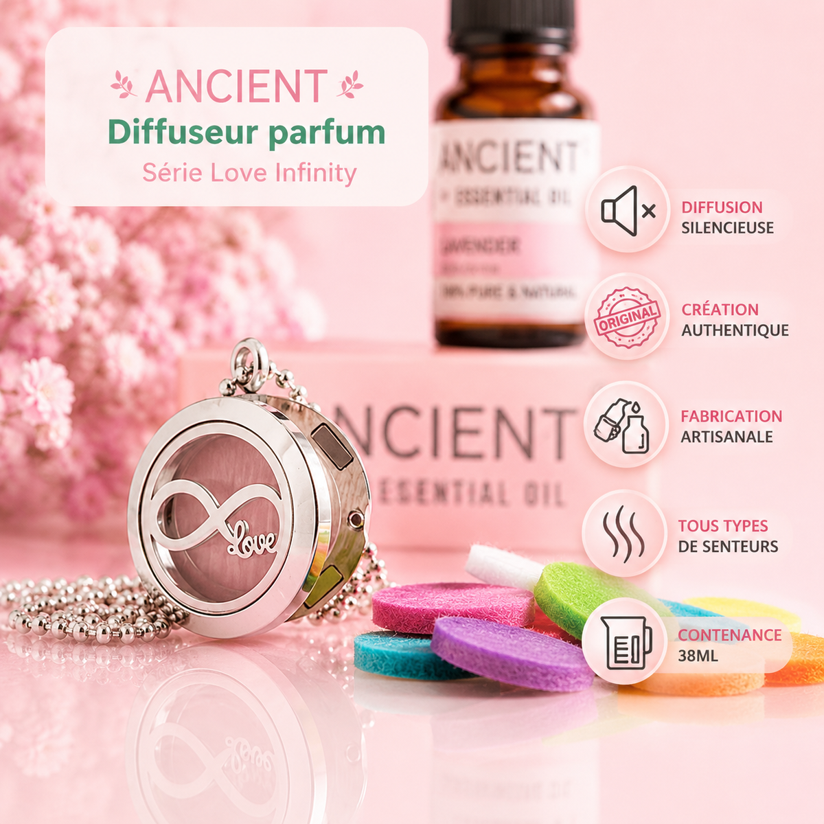 Collier diffuseur aromathérapie – LOVE – 25 mm