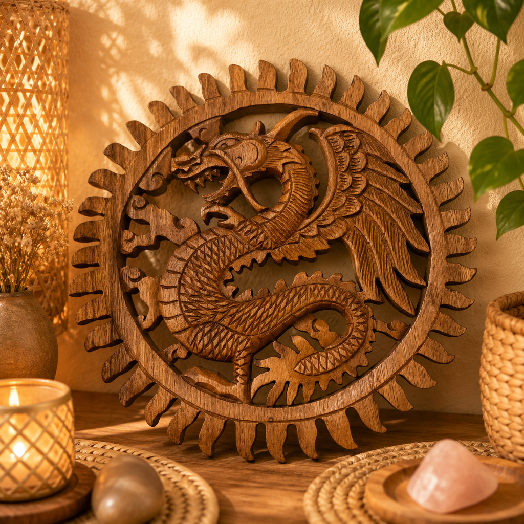 Plaque décorative en bois sculpté balinais - Dragon Soleil (30 cm)