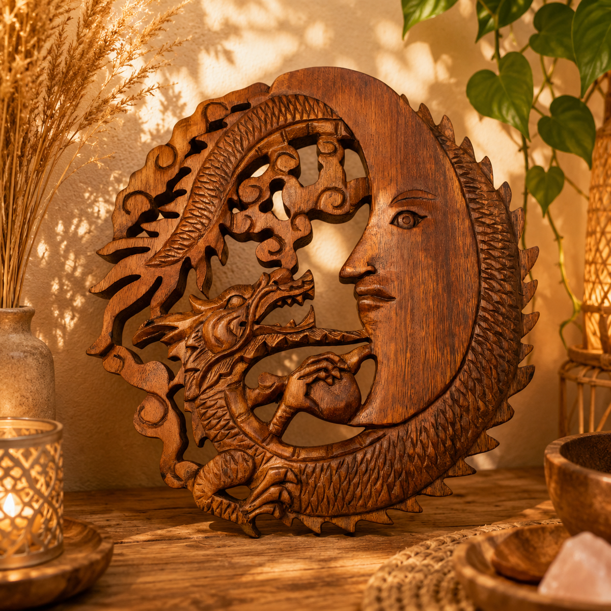 Plaque décorative en bois sculpté balinais - Visage de Lune & Dragon (30 cm)