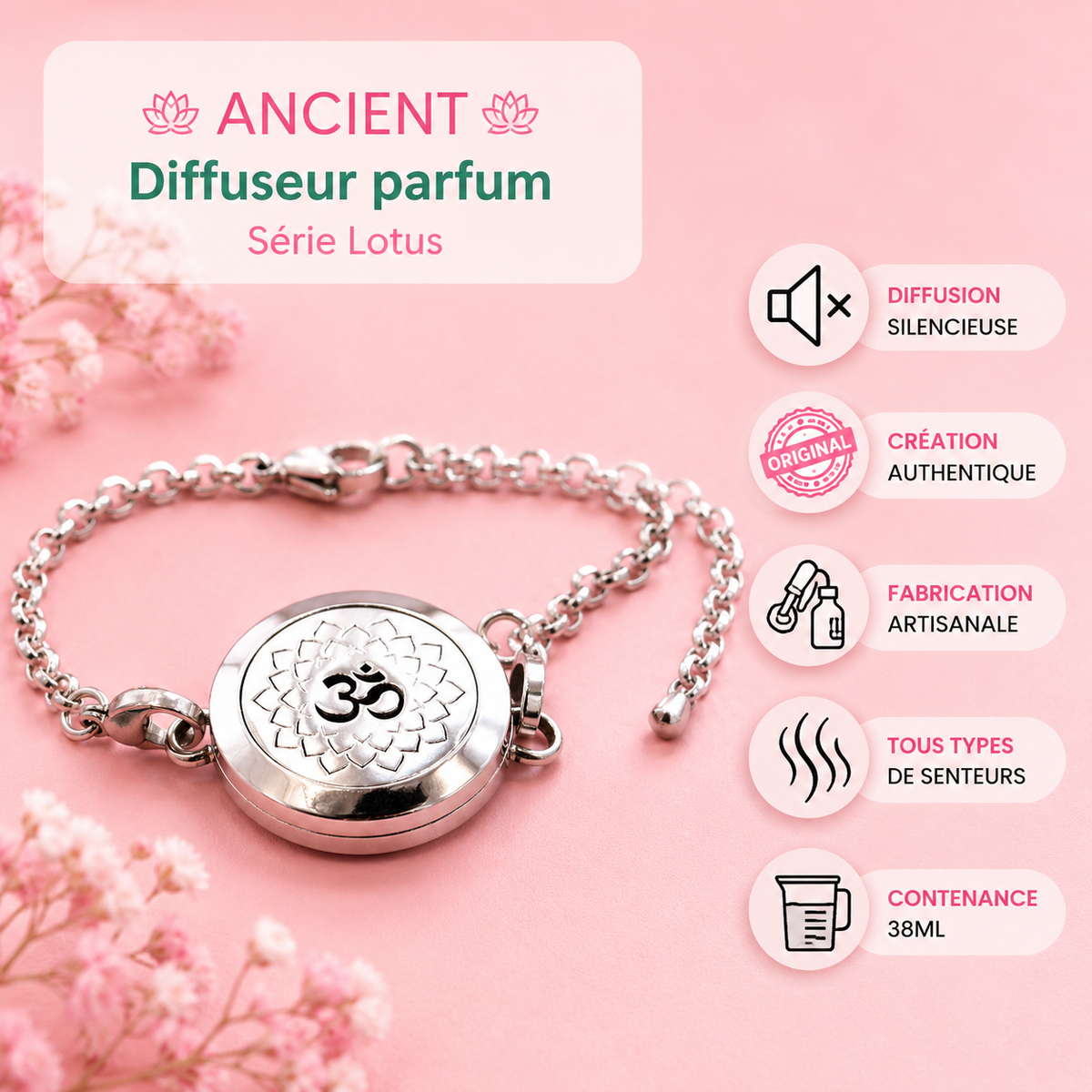 Bracelet diffuseur parfum et huiles essentielles en inox – Aum – 25 mm