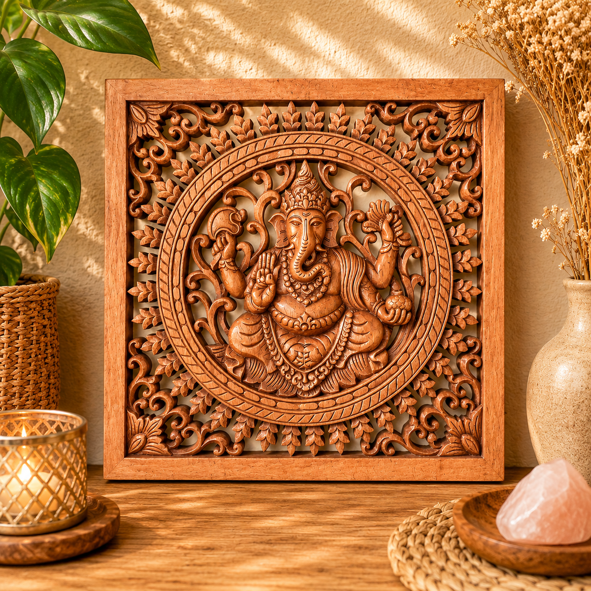 Panneau décoratif carré en bois sculpté balinais - Bouddha Ganesh (40 x 40 cm)