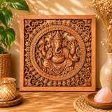 Panneau décoratif carré en bois sculpté balinais - Bouddha Ganesh (40 x 40 cm)