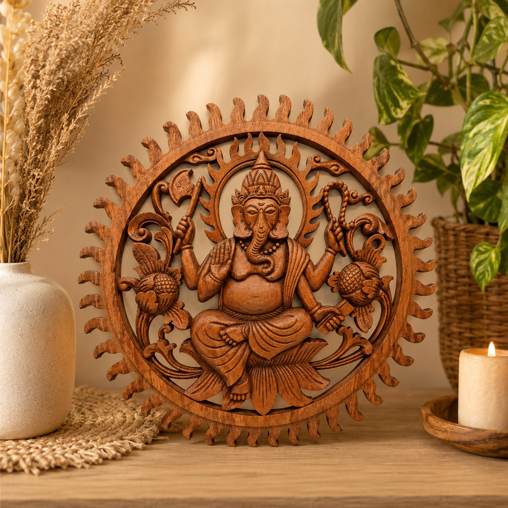 Panneau décoratif en bois sculpté balinais - Ganesh (40 cm)