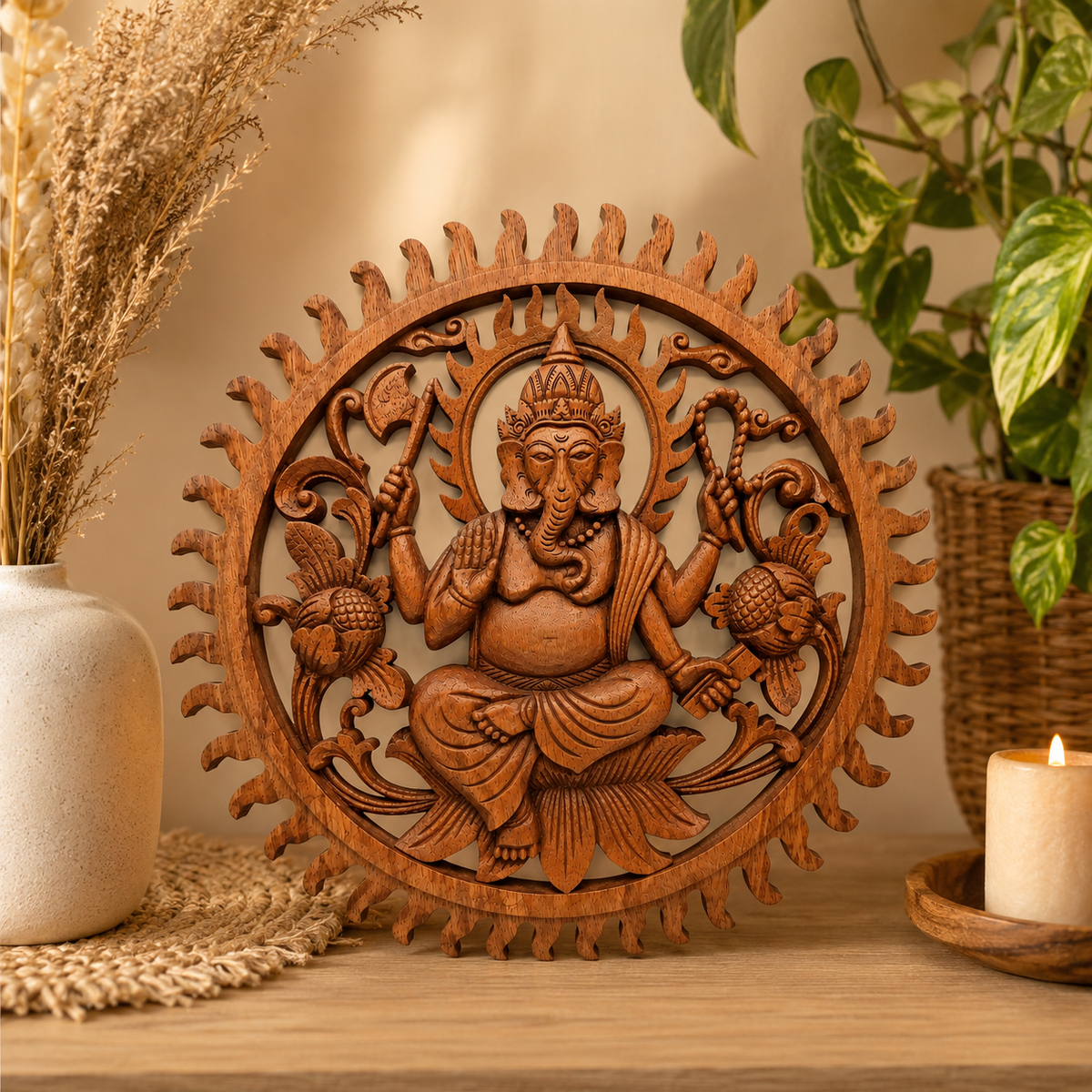 Panneau décoratif en bois sculpté balinais - Ganesh (40 cm)