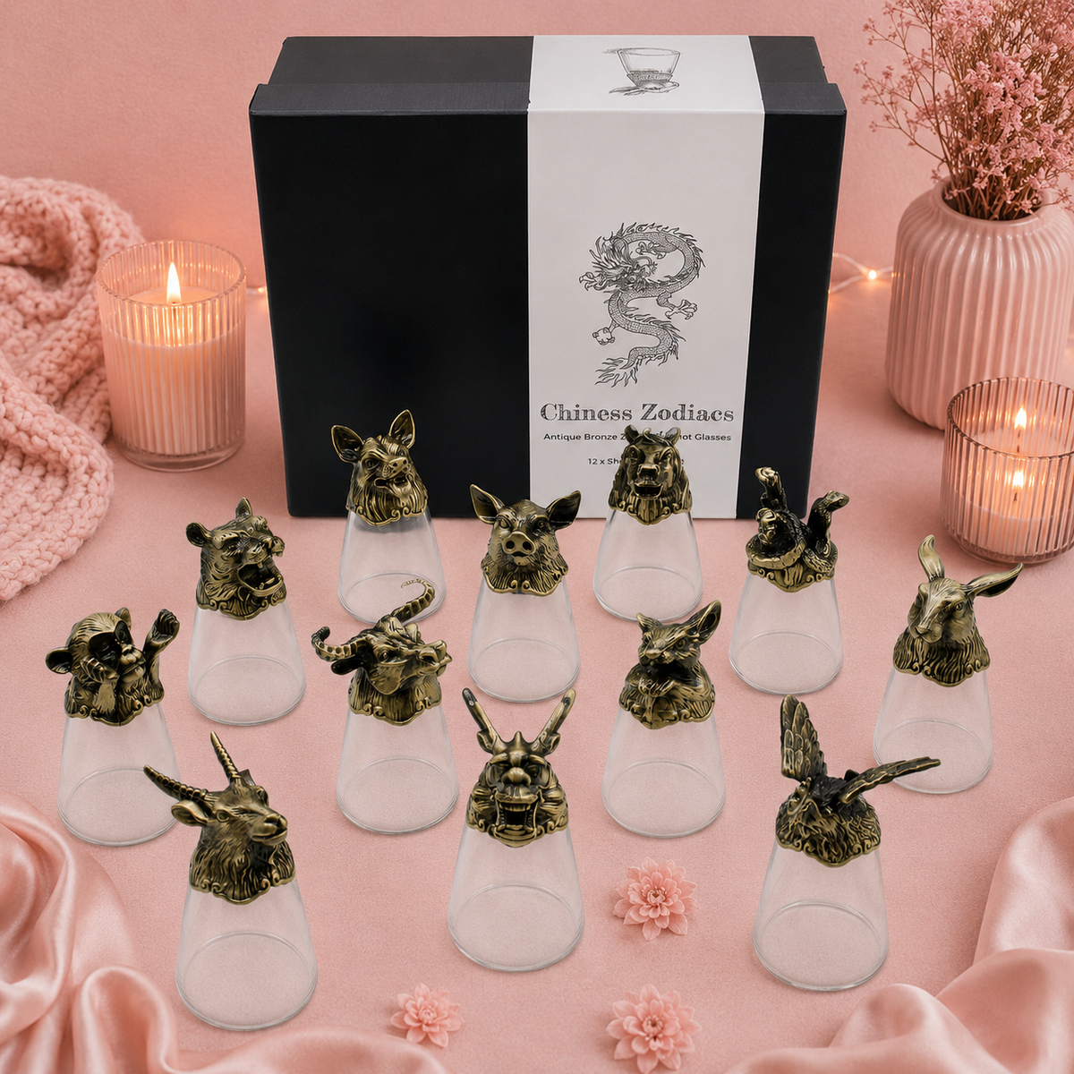 Coffret 12 verres à shot (25 ml) - Créatures du zodiaque chinois - Bronze antique