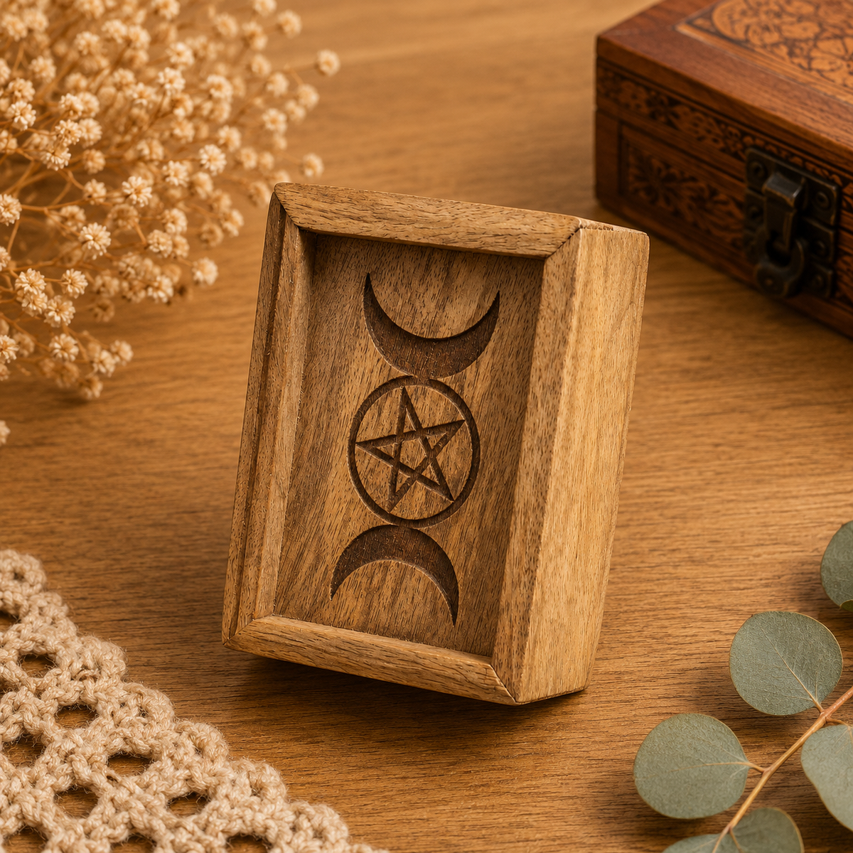 Petite boîte de tarot avec porte-cartes en bois de manguier