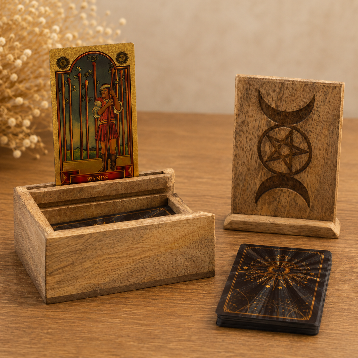 Petite boîte de tarot avec porte-cartes en bois de manguier