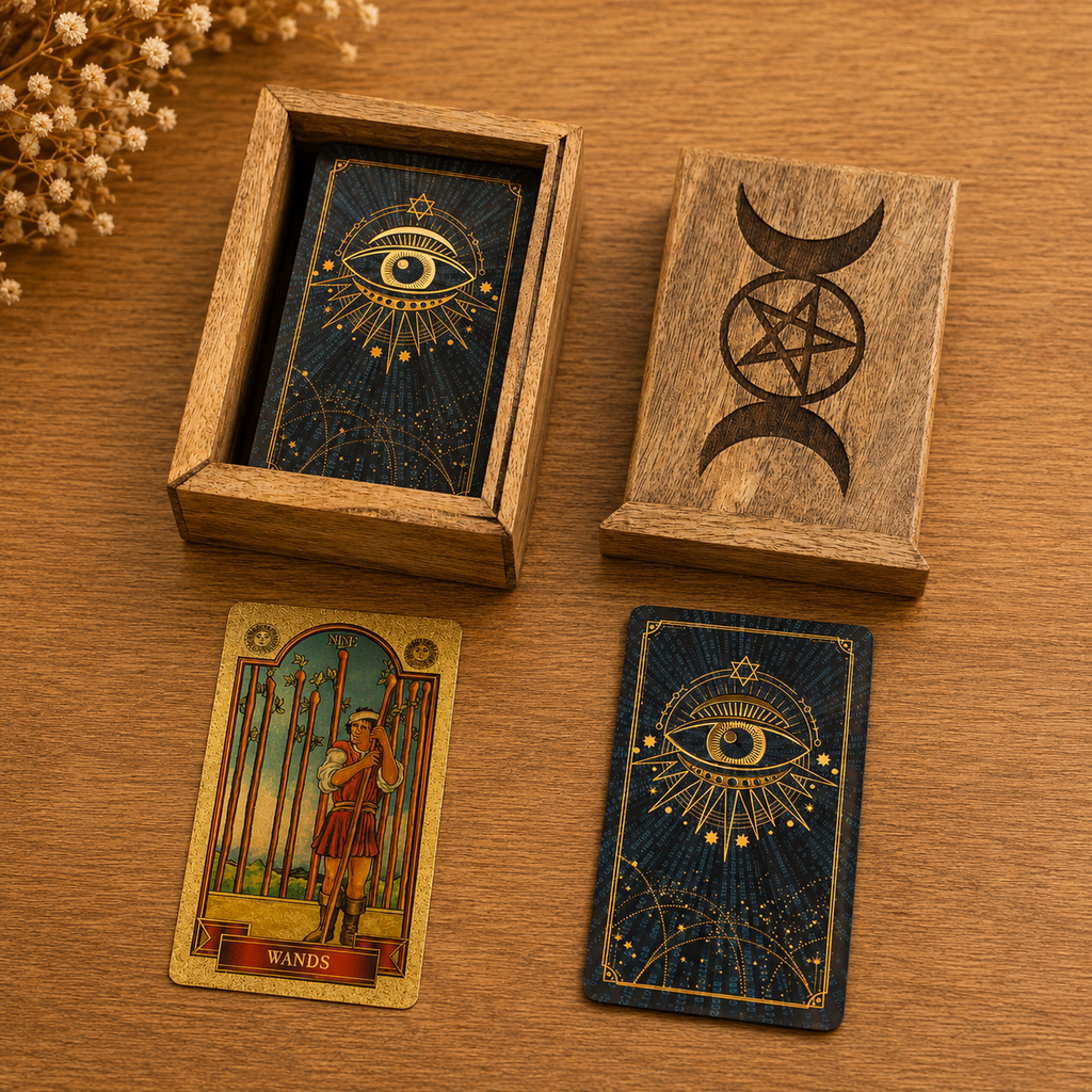 Petite boîte de tarot avec porte-cartes en bois de manguier