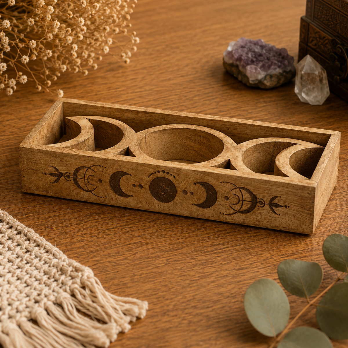 Plateau de tarot en bois de manguier Phase de lune avec porte-cartes