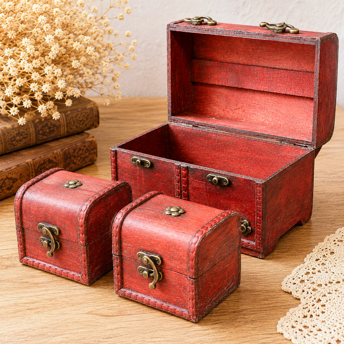 Set de 3 coffres Classiques - Bois rouge antique