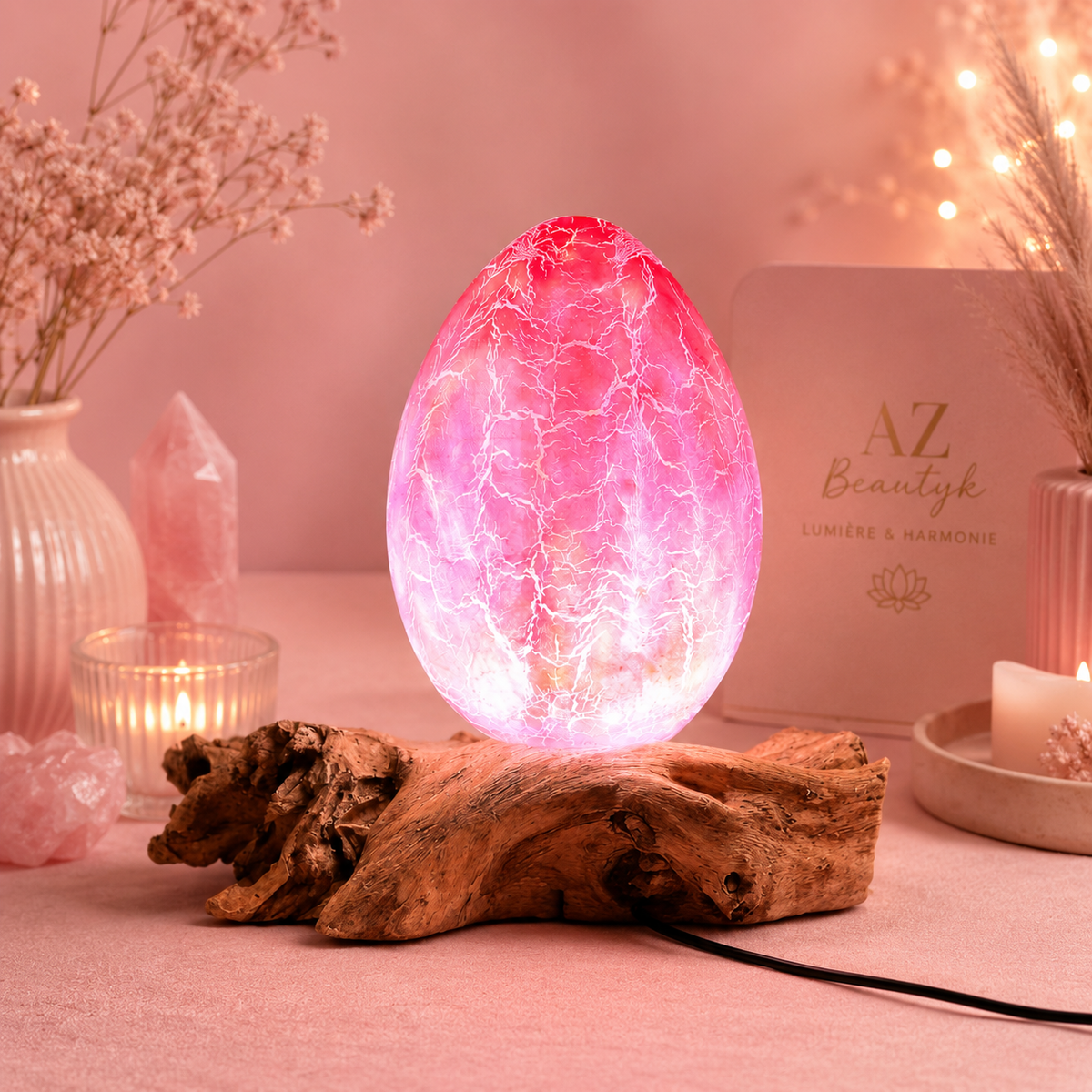 Lampe artisanale d'Indonésie lueur flottante, base en bois - Œuf de feu craquelé