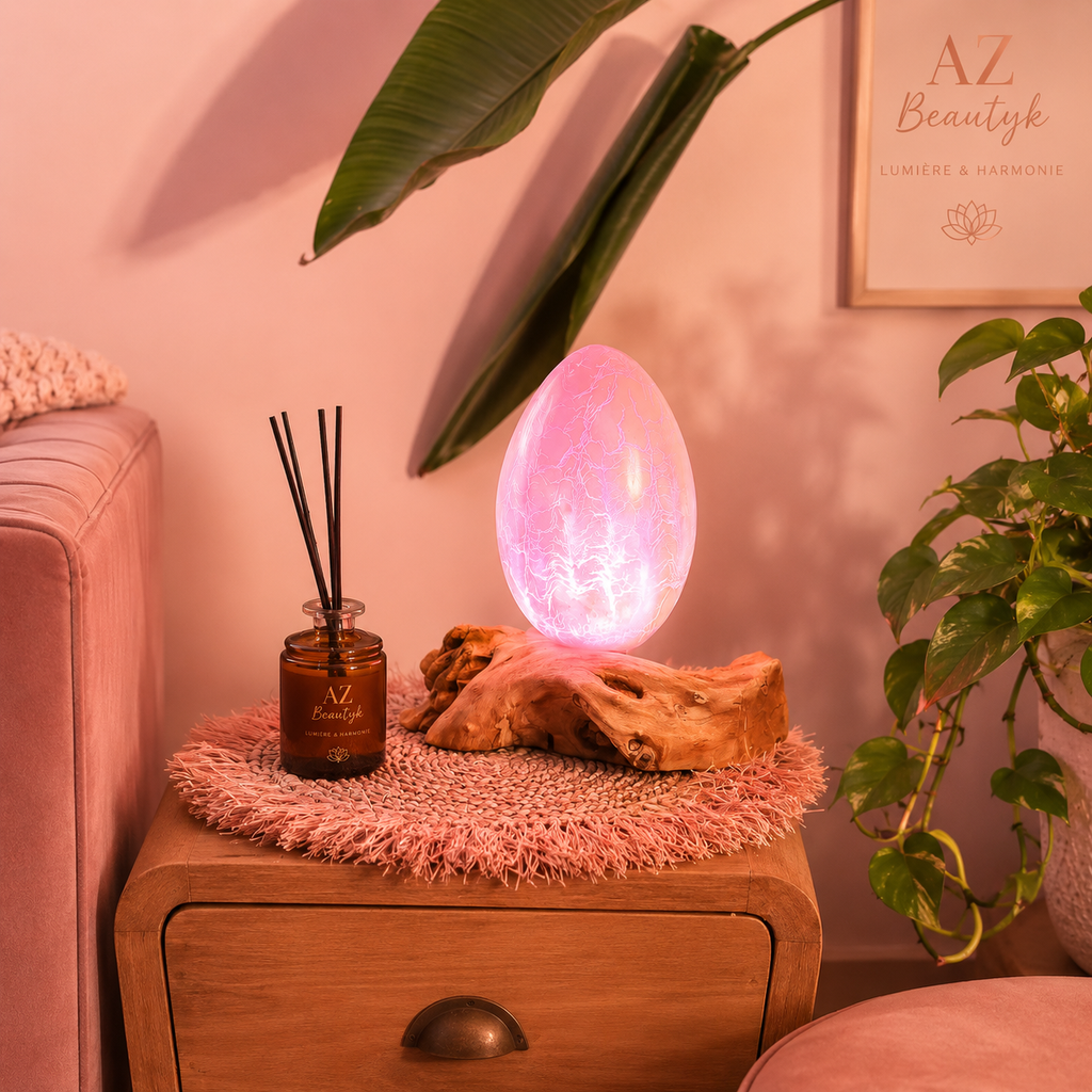 Lampe artisanale d'Indonésie lueur flottante, base en bois - Œuf de feu craquelé