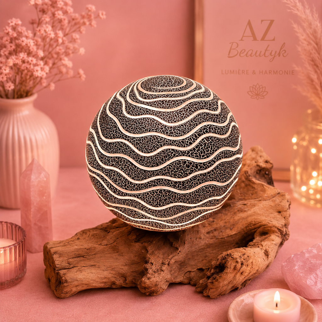 Lampe artisanale d'Indonésie lueur flottante, base en bois - Abat-jour Luna gris