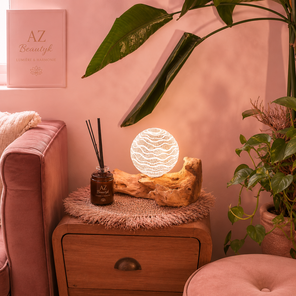 Lampe artisanale d'Indonésie lueur flottante, base en bois - Abat-jour Luna gris