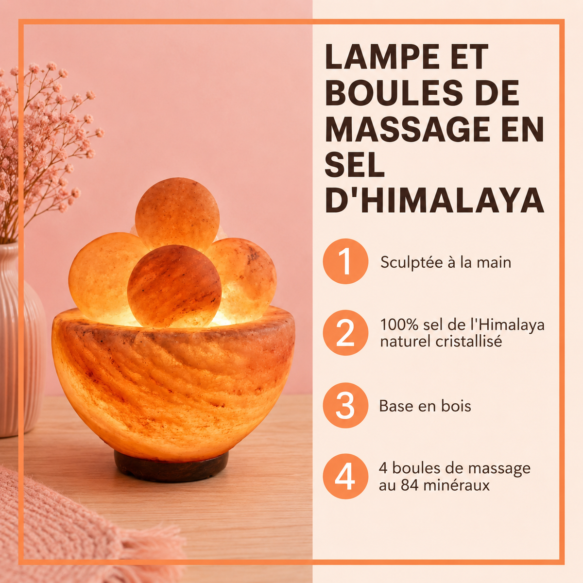 Lampe sel de l'Himalaya avec 4 boules de massage - 12 à 14 cm