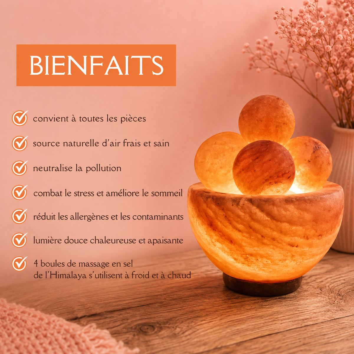 Lampe sel de l'Himalaya avec 4 boules de massage - 12 à 14 cm