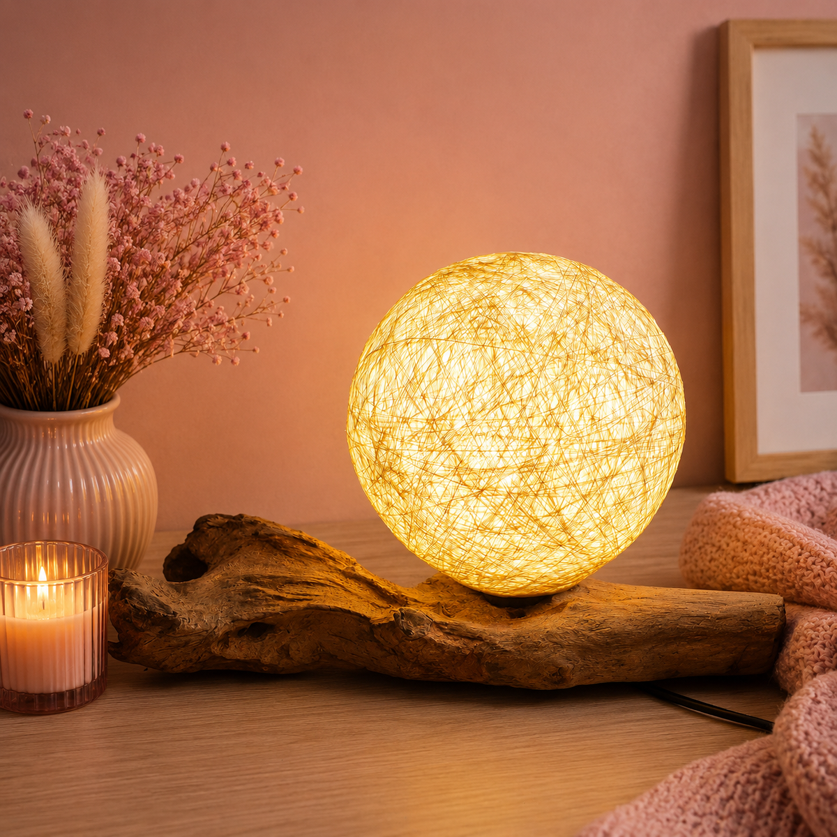 Lampe artisanale d'Indonésie lueur flottante, base en bois - Abat-jour enveloppe en coton crème