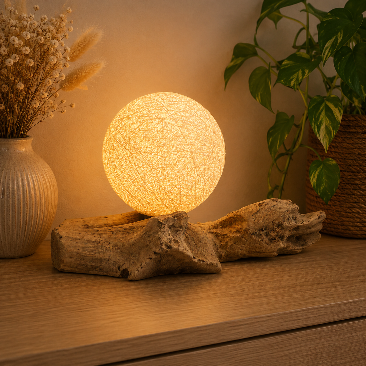 Lampe artisanale d'Indonésie lueur flottante, base en bois - Abat-jour enveloppe en coton crème