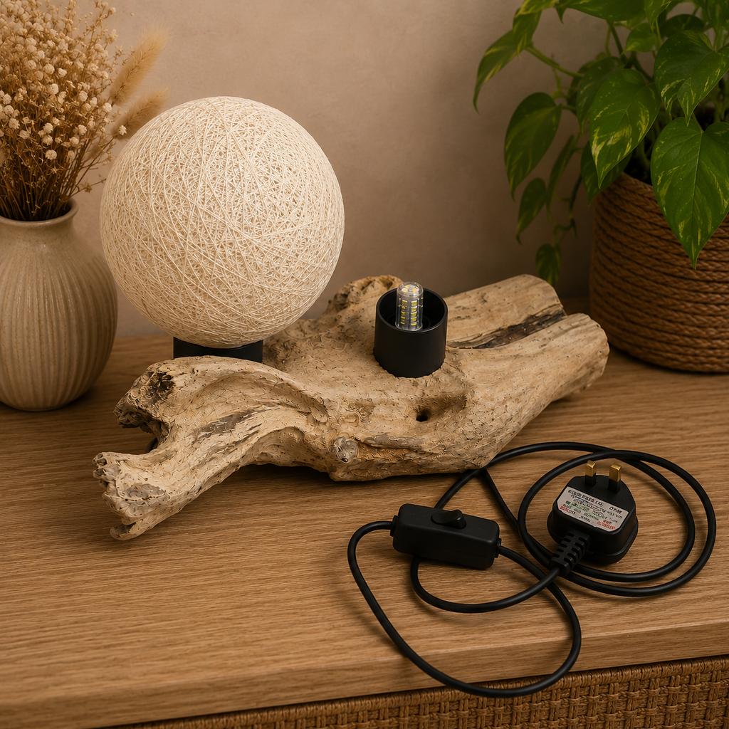 Lampe artisanale d'Indonésie lueur flottante, base en bois - Abat-jour enveloppe en coton crème