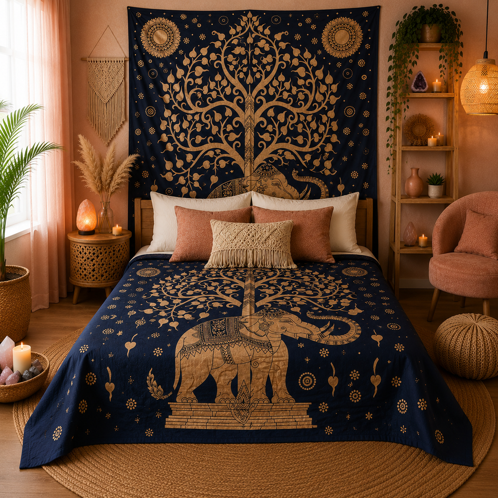 Couvre-lit ou Tenture murale en coton - Elephant & tree - Or & Bleu (200x230 cm)