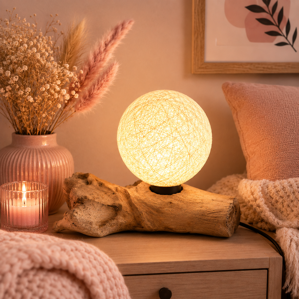Lampe artisanale d'Indonésie lueur flottante, base en bois - Abat-jour Luna ivoire en coton