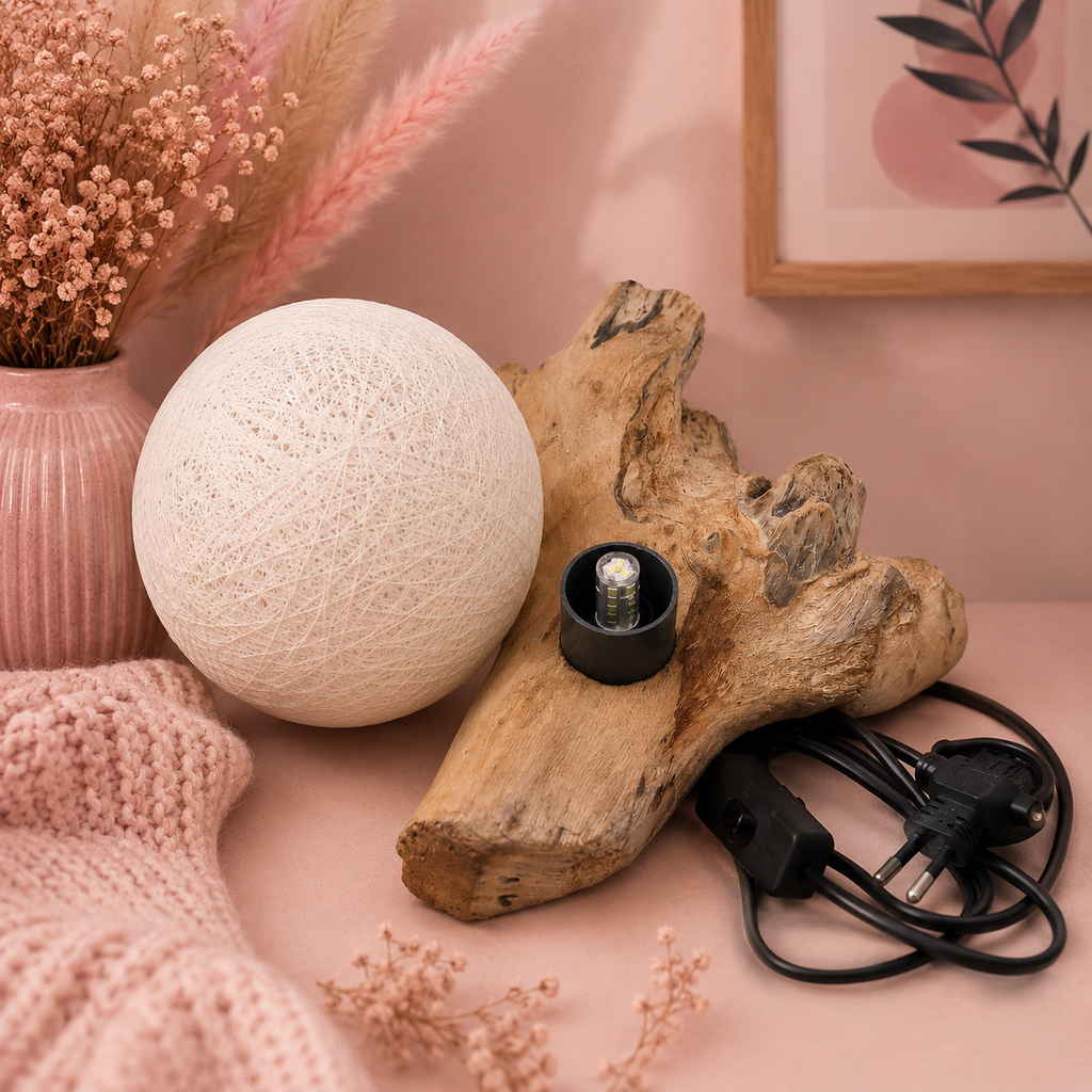 Lampe artisanale d'Indonésie lueur flottante, base en bois - Abat-jour Luna ivoire en coton