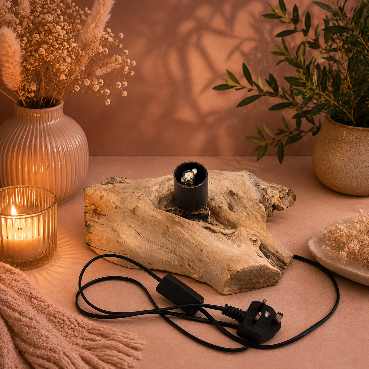 Lampe artisanale d'Indonésie lueur flottante, base en bois - Abat-jour Œuf de lave craquelé – Gris