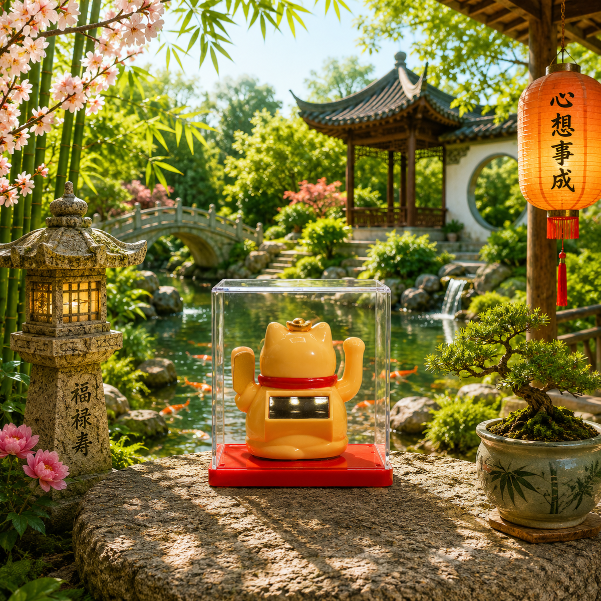 Mini Maneki neko solaire en boîte (plusieurs variantes)