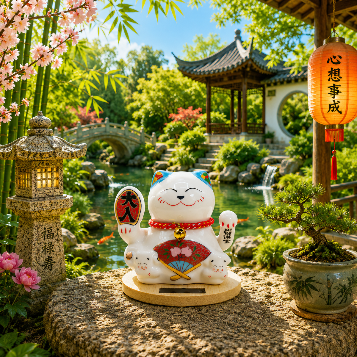 Maneki neko solaire base en bois main mobile - Bleu