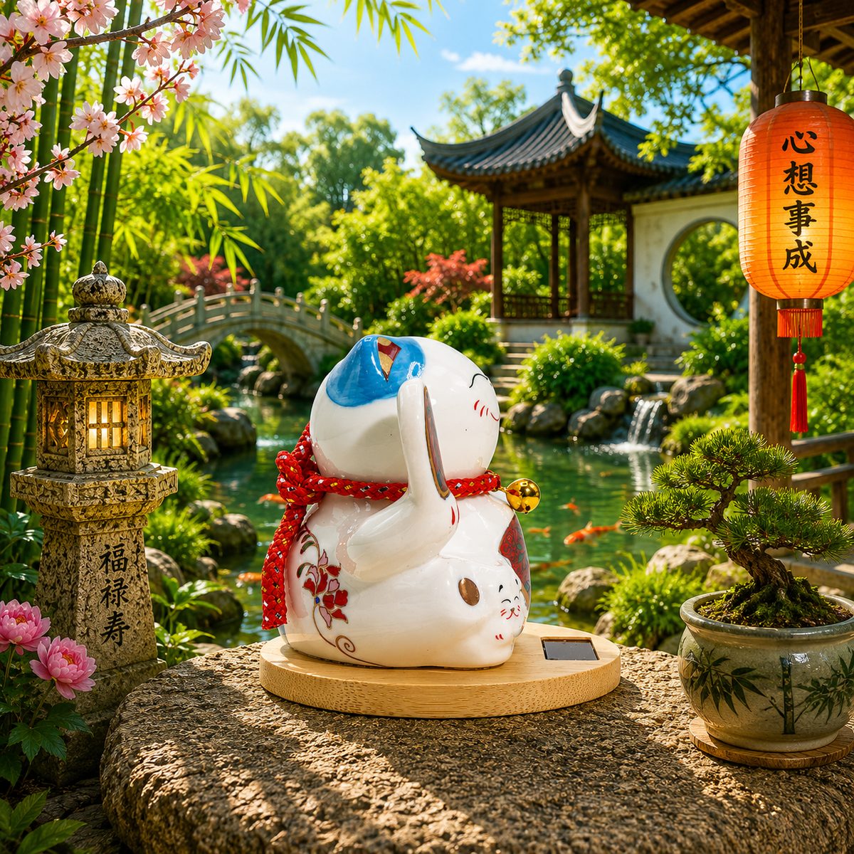 Maneki neko solaire base en bois main mobile - Bleu