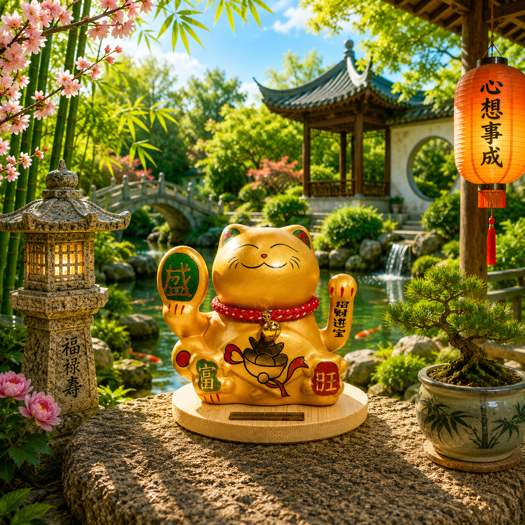 Maneki neko solaire base en bois main mobile - Or