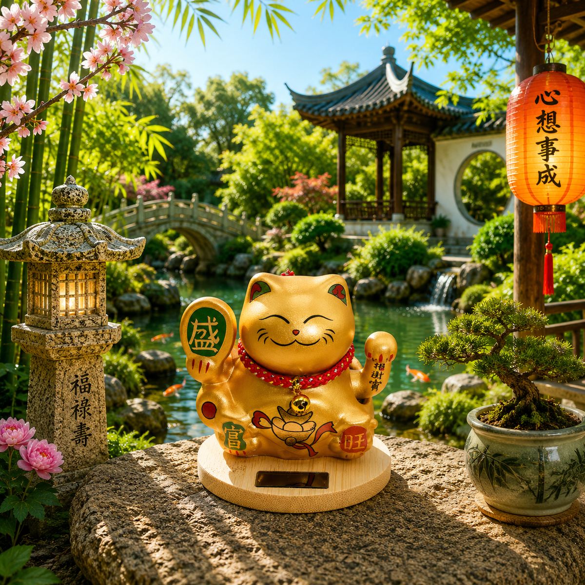 Maneki neko solaire base en bois main mobile - Or