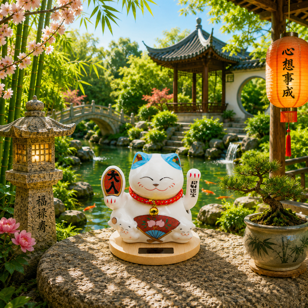 Maneki neko solaire base en bois main mobile - Bleu