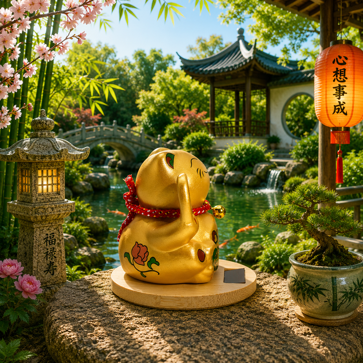 Maneki neko solaire base en bois main mobile - Or