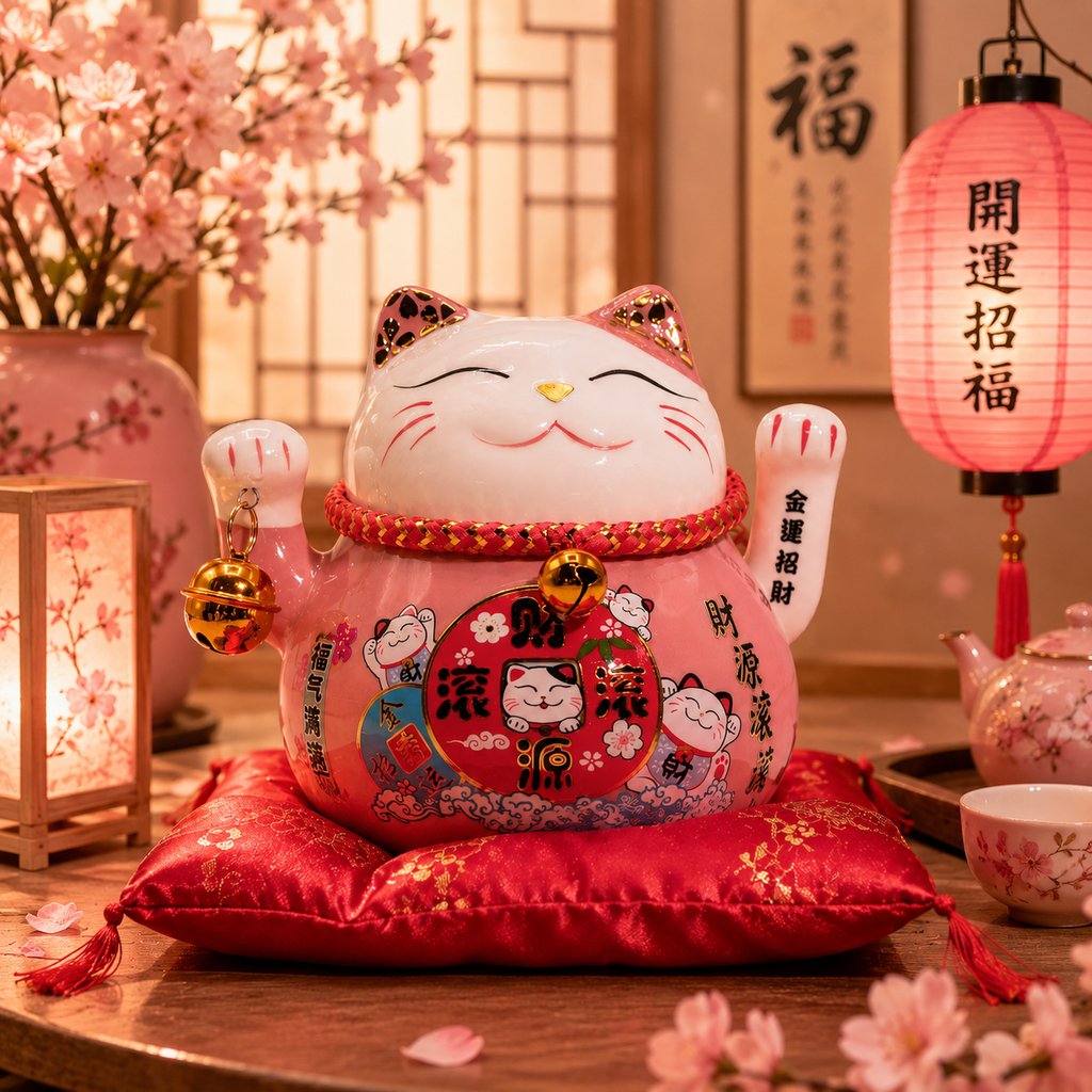 Maneki neko en céramique main mobile sur coussin - Rose