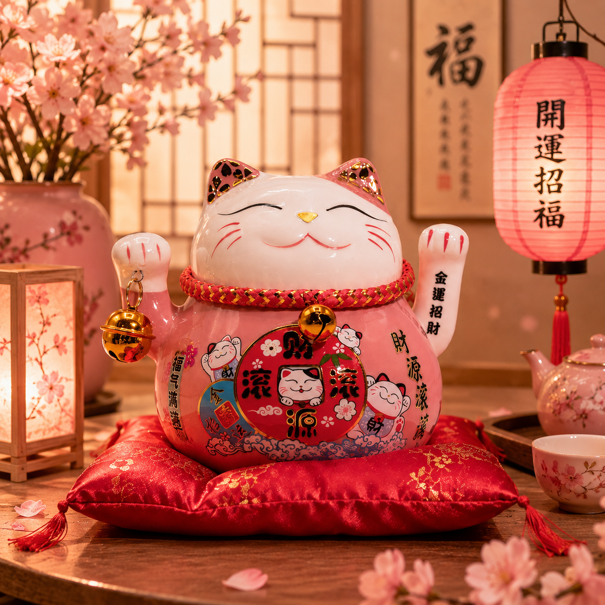 Maneki neko en céramique main mobile sur coussin - Rose