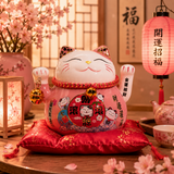 Maneki neko en céramique main mobile sur coussin - Rose