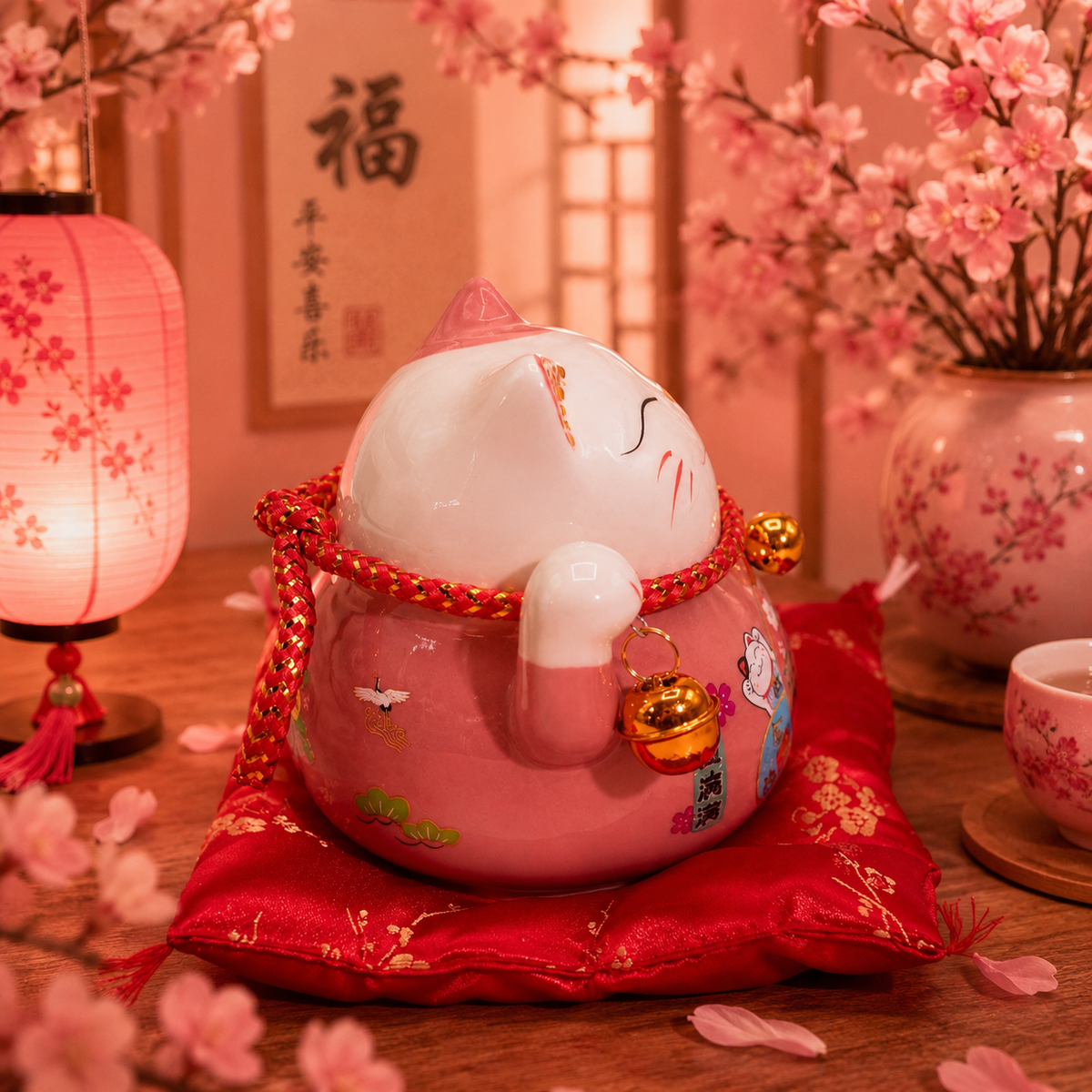 Maneki neko en céramique main mobile sur coussin - Rose