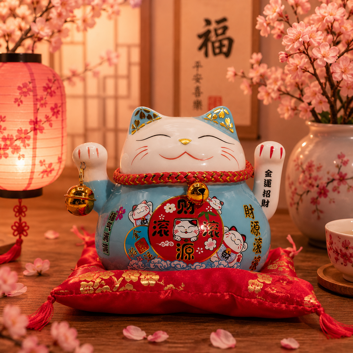 Maneki neko en céramique main mobile sur coussin - Bleu