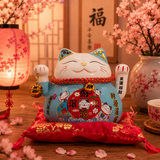 Maneki neko en céramique main mobile sur coussin - Bleu