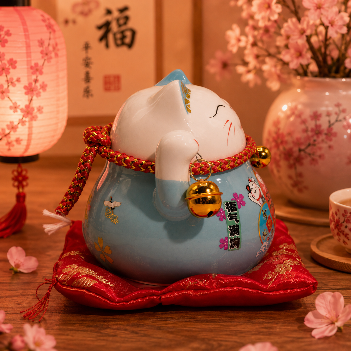 Maneki neko en céramique main mobile sur coussin - Bleu
