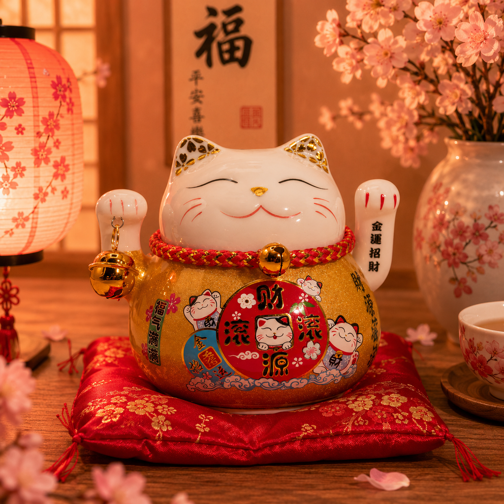Maneki neko en céramique main mobile sur coussin - Or