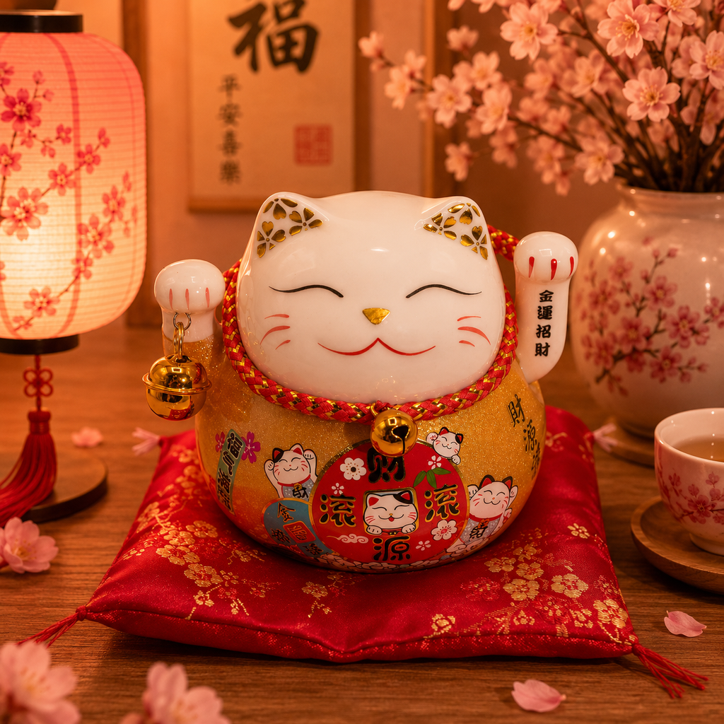 Maneki neko en céramique main mobile sur coussin - Or