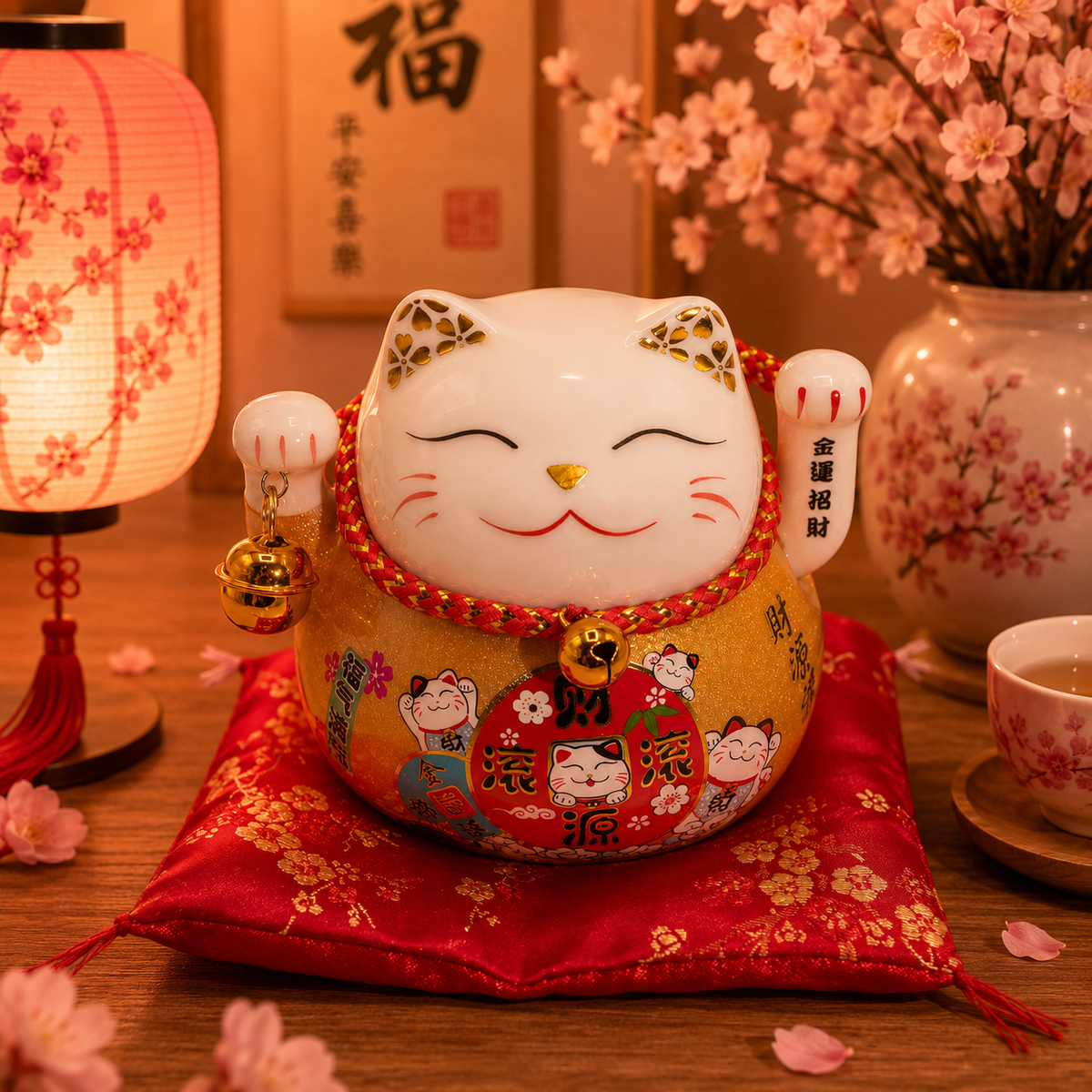 Maneki neko en céramique main mobile sur coussin - Or
