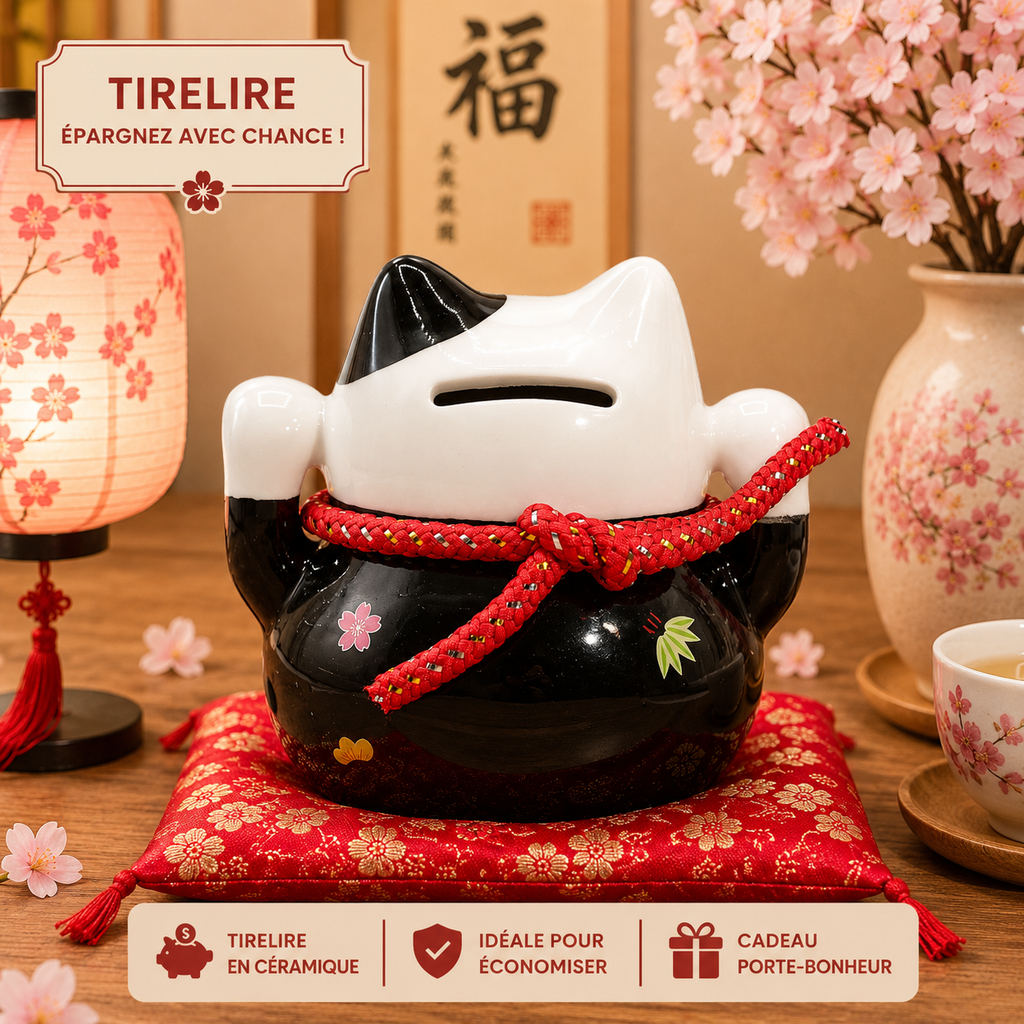 Tirelire Maneki neko en céramique sur coussin - Noir