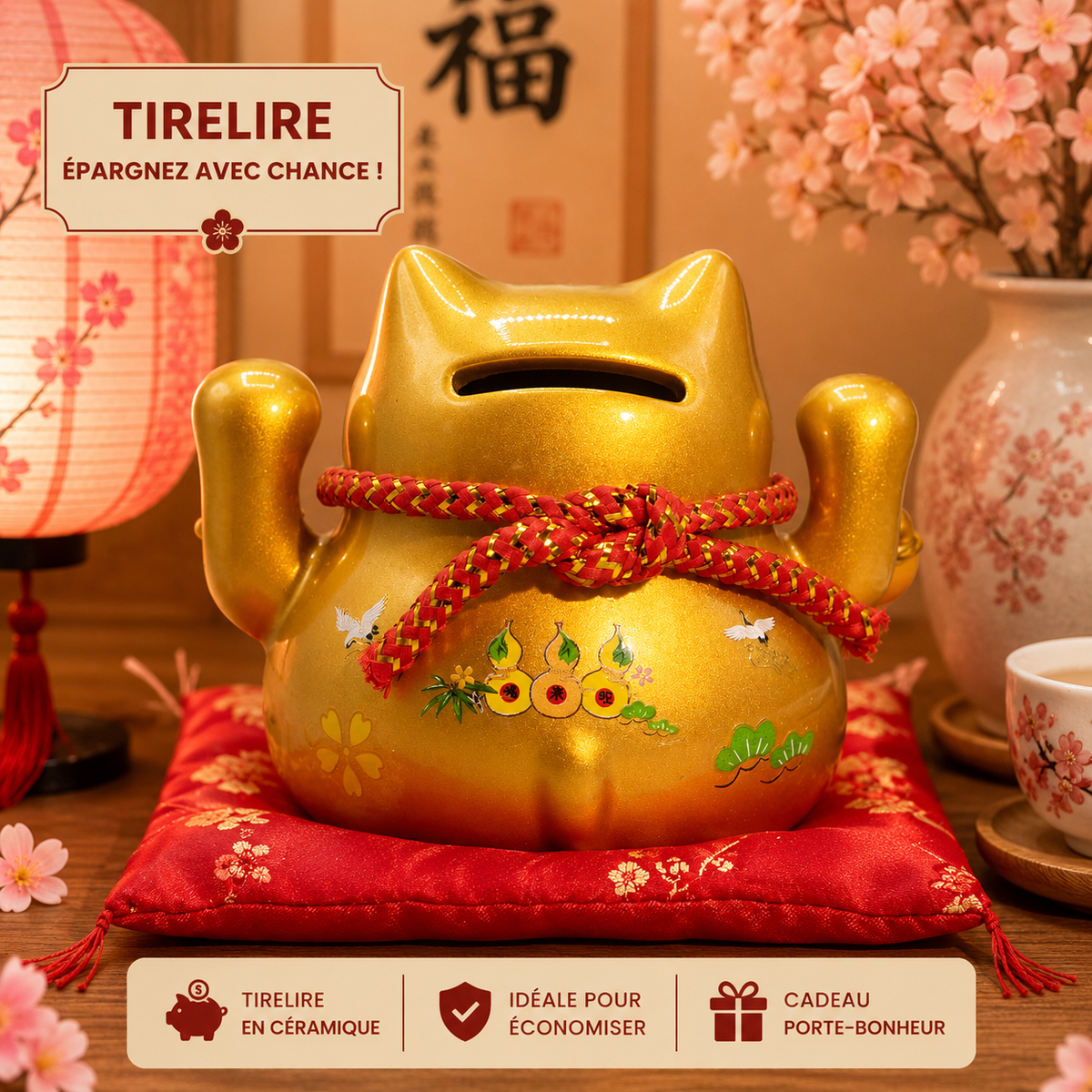 Tirelire Maneki neko en céramique sur coussin - Or